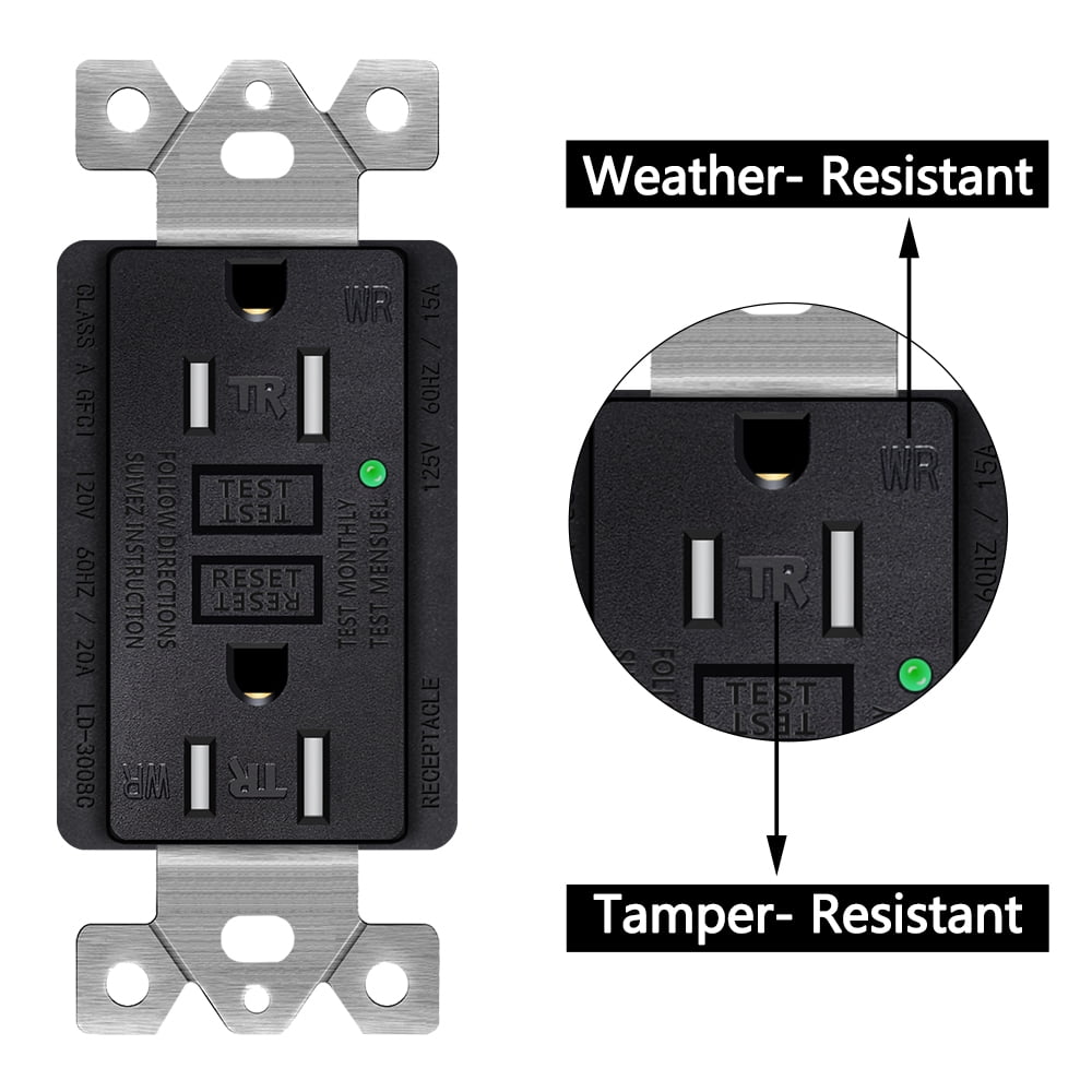 GREENCYCLE 5PK 15A / 125V Tamper Resistant Weather Resistant GFCI Outlets with LED Indicator Decorative Wall Plates Screws Included Residential and Commercial Grade ETL Certified Black