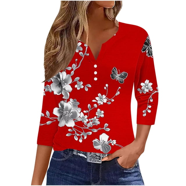 Blusas para las Mujeres Casual Impreso 3/4 Mangas Cuello en V Botón de Ocio Top Blusa Tops para las Mujeres