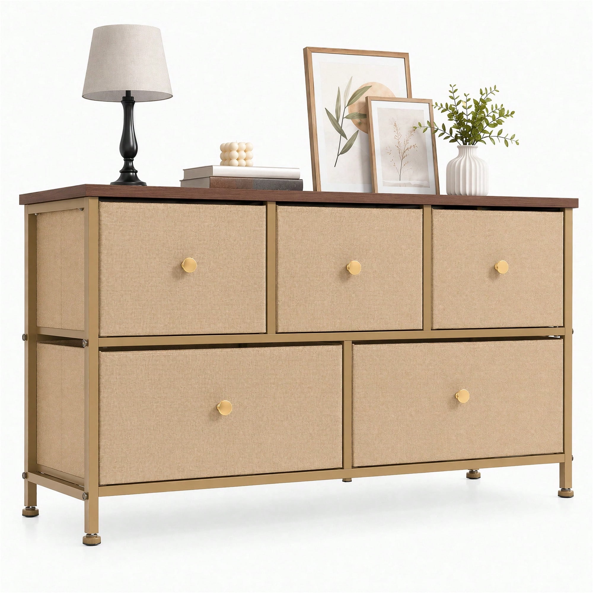 5 Drawer Dresser Wide Chest Of Drawers Storage Tower Fabric Dresser With Wood Top Multi-Purpose Nightstand Organizer For Living Room And Bedroom