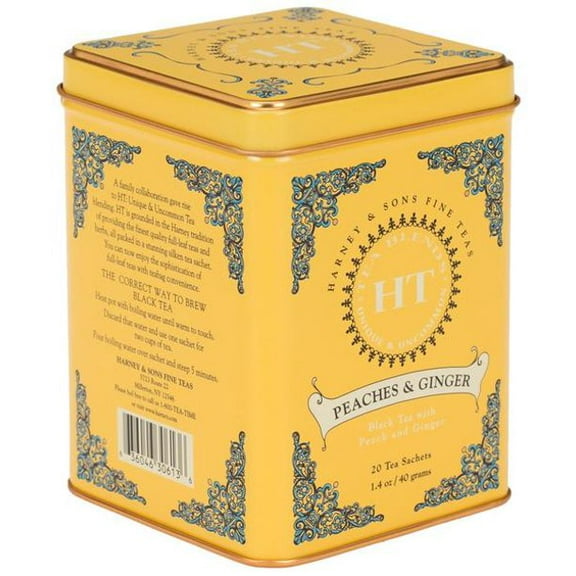 Harney & Sons Peaches and Ginger Tea Tin Caffeinated 20 Sachets 1.4 Ounces