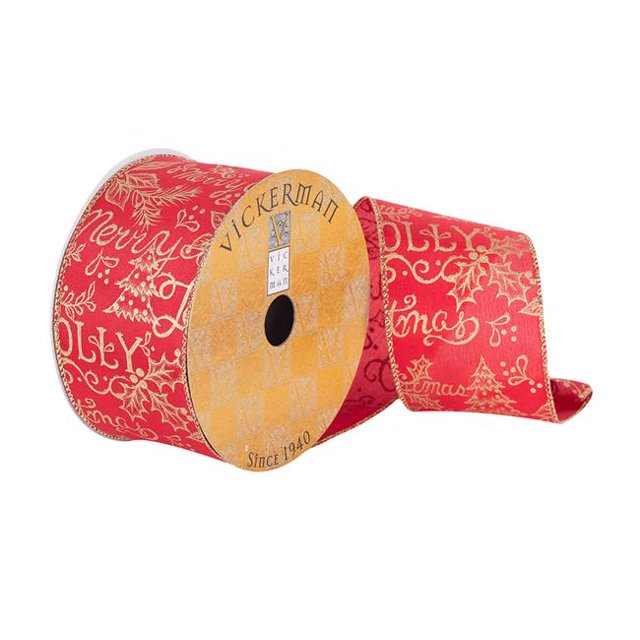 Vickerman Q180584 Ruban Rouge de 2,5 Po x 10 Verges avec Typographie de Vacances en Or