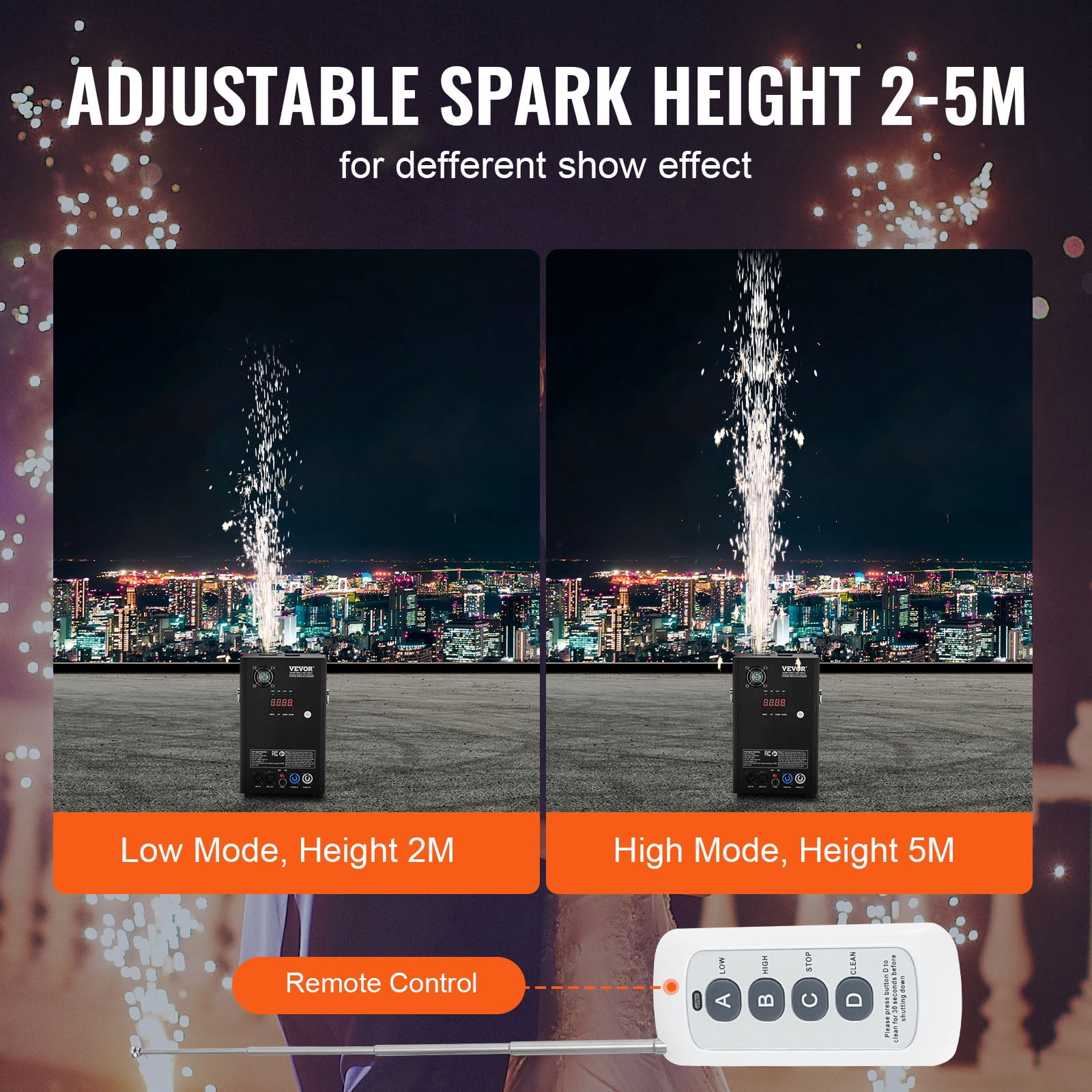 VEVOR Cold Spark Machine, 700W Output Fireworks Controller, 6.6-16.4ft Adjustable Height, with Advanced DMX System,LED Screen,Portable Handle,HeavyDuty Aluminum Alloy for Stage DJ Wedding Event,Party