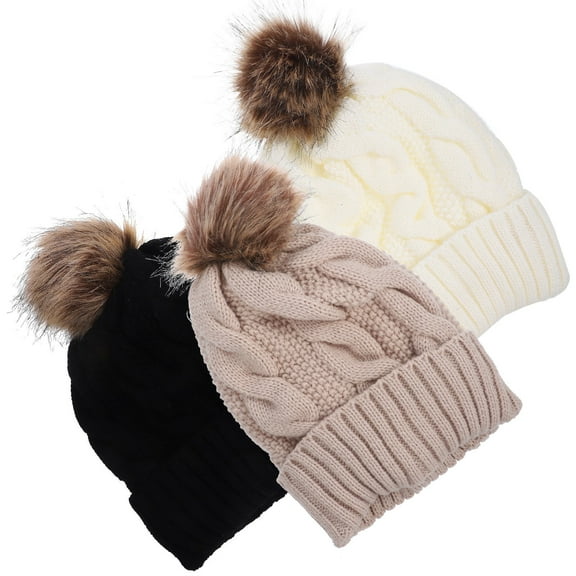 HAMPPLIES Winter Warm Hat for Women 3Pcs Round Top with Pom Pom Black White Apricot Acrylic Fibers