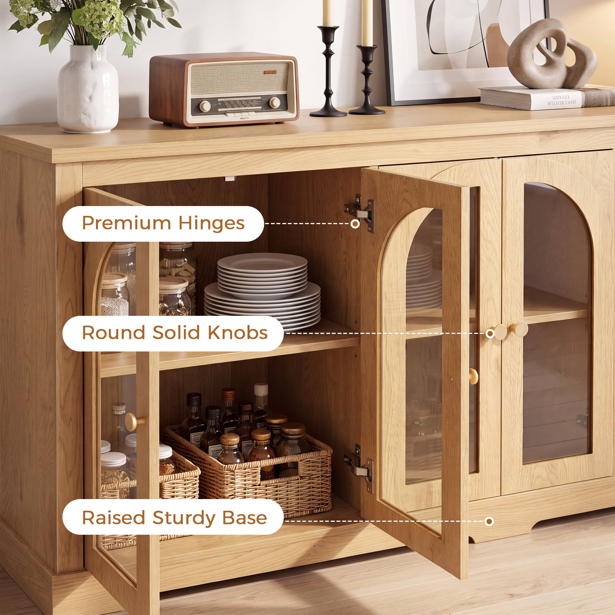 HOQBN 68" Modern Arched Glass Sideboard with 6 Doors, Buffet Cabinet with Storage and Adjustable Shelves, Large Credenza for Living Room,Kitchen,Entryway,Natural