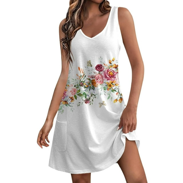 Pisexur Robe d'Été pour Femme, Plage, Décontractée, Sans Manches, Midi, Imprimé Floral, Débardeur, Ample, Robe Soleil avec Poche, P-2TG