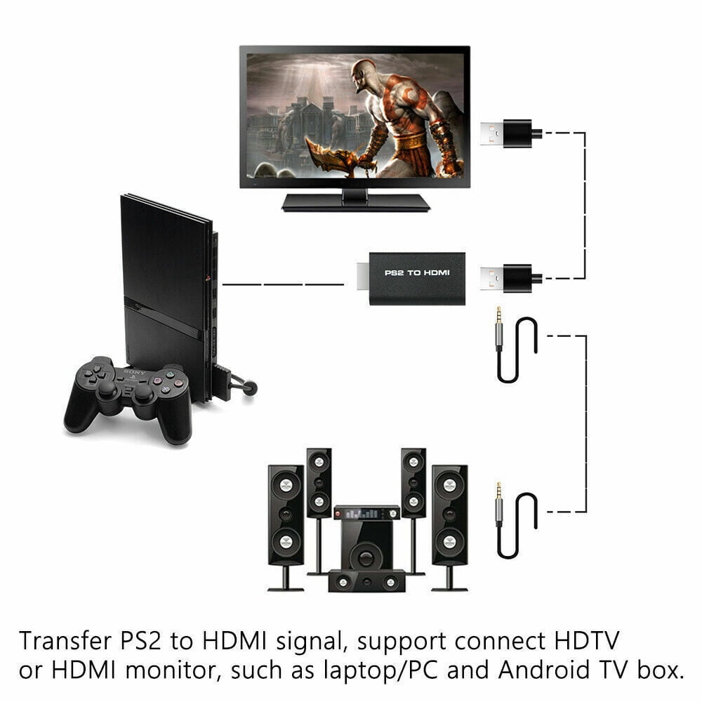 PS2 to HDMI Video Converter Adapter with 3.5mm Audio Output for HDTV Monitor Black