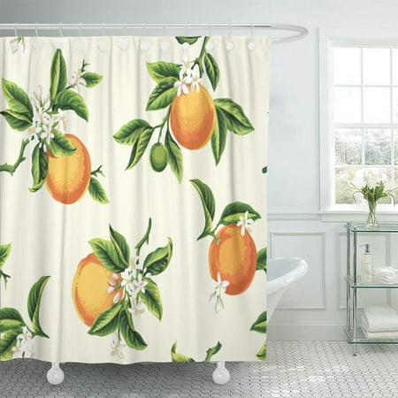 PKNMT Green Vintage with Orange Fruits Flowers and Leaves on Light Yellow Tree Summer Waterproof Bathroom Shower Curtains Set 66x72 (Best Way To Water Fruit Trees)
