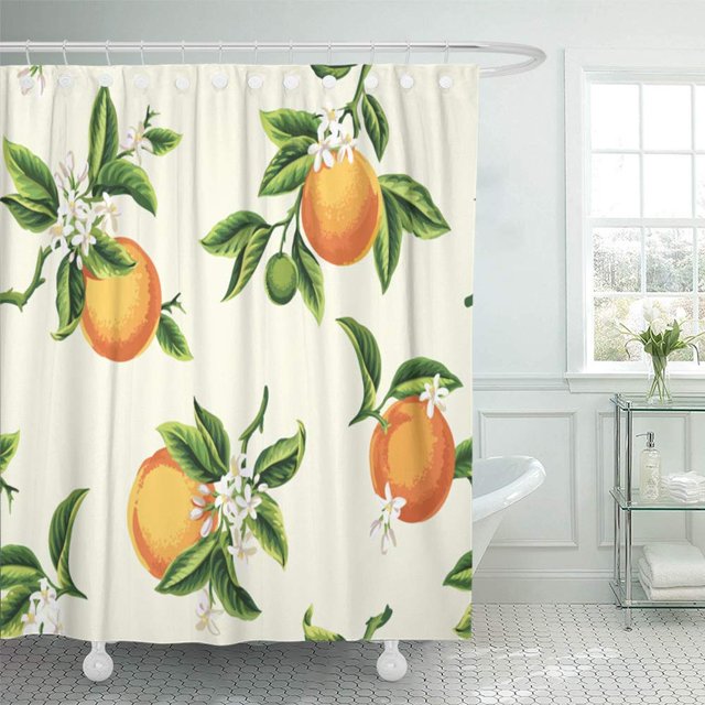 ABPHQTO Vintage verde con frutas naranjas, flores y hojas en un árbol amarillo claro Juego de cortinas de ducha de baño impermeables de verano 165x180 cm ABPHQTO PKNMT66x72Shower-9653