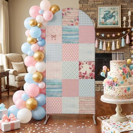 Vintage Patchwork Arch Backdrop Covers 6 FT Pink Blue Floral Wood Grain Bowknot Stretchy Fitted Arched Stand Covers Party Arch Stand Cover Photo Booth for Wedding Birthday Decor