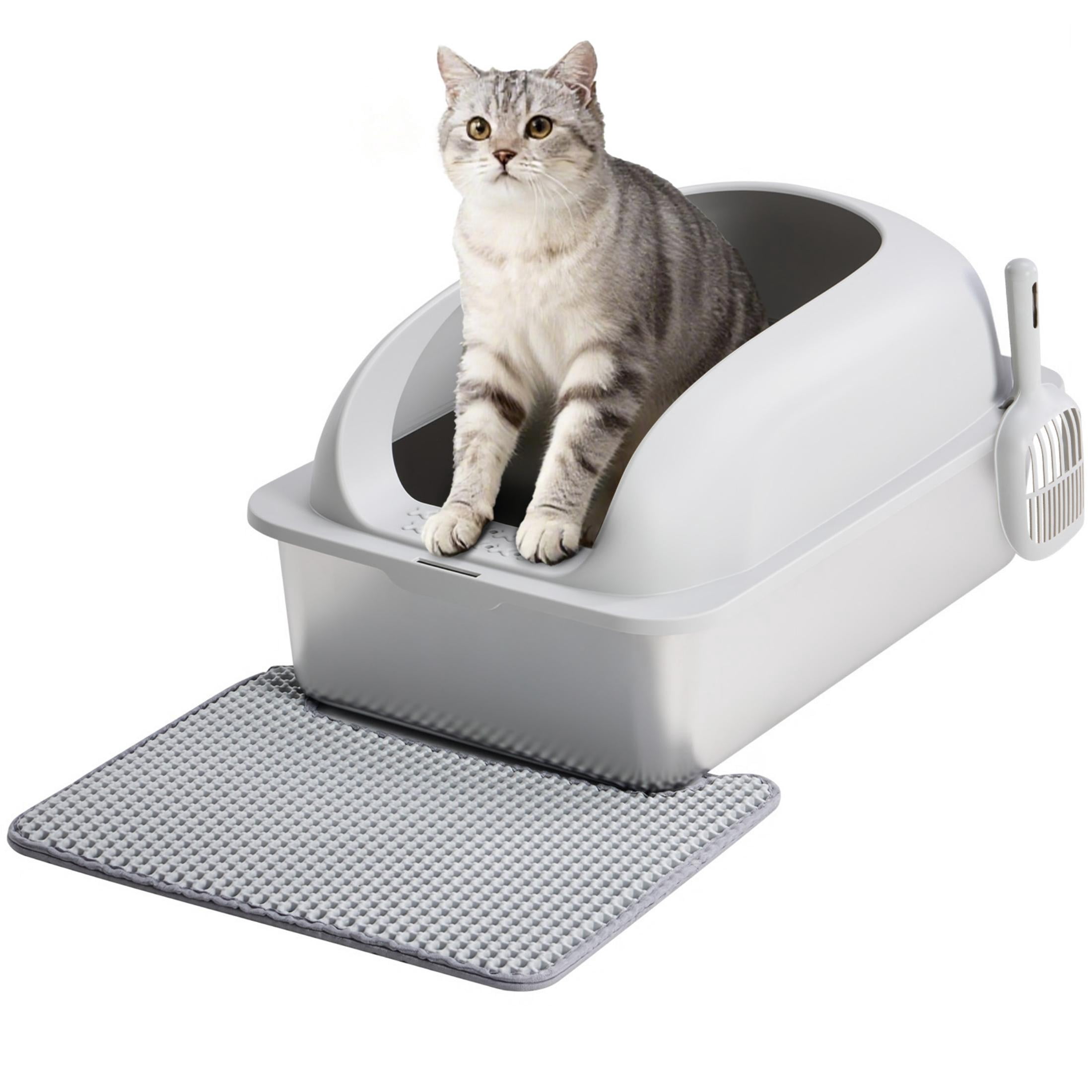 EDX Stainless Steel Cat Litter Box with Lid, XL Extra Large Cat Litter Box for Big Cats, High Wall Sides, Never Absorbs Odors, Anti-Urine Leakage, Easy Cleaning, Scoop and Mat Included, Light Grey