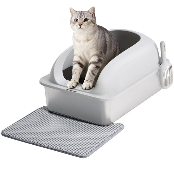 EDX Stainless Steel Cat Litter Box with Lid, XL Extra Large Cat Litter Box for Big Cats, High Wall Sides, Never Absorbs Odors, Anti-Urine Leakage, Easy Cleaning, Scoop and Mat Included, Light Grey