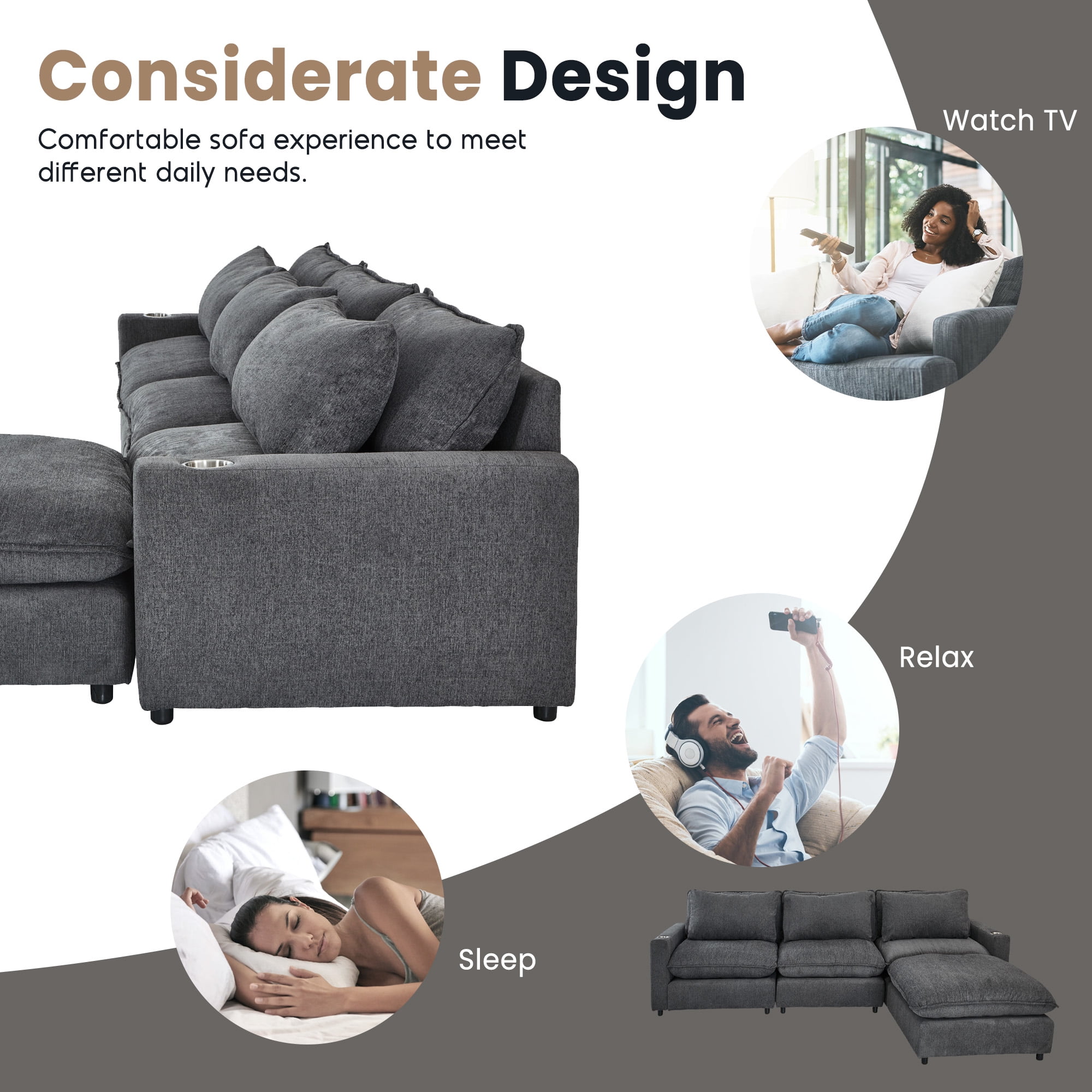 Aukfa 128" Modular Sectional Sofa with Cup Holders, Chenille L Shaped Couch with Convertible Chaise, Dark Gray
