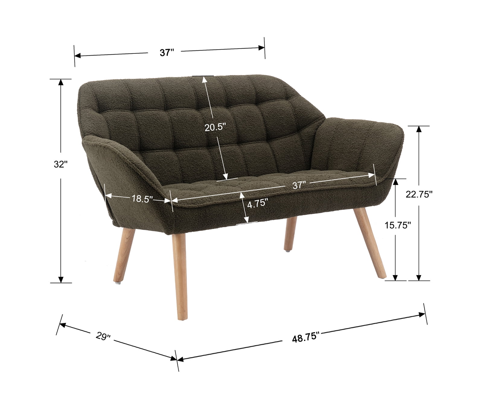 Guyou Small Loveseat Sofa, Modern Sherpa 2-Seater Mini Sofa Couch with Quilted Back and Armrests, Cute Accent Chair with Wooden Legs for Living Room Bedroom Apartment, Green