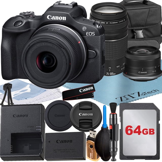 Canon EOS R100 Mirrorless Camera with RF-S 18-45mm + EF 75-300mm Lens + SanDisk 64GB Memory Card + Case + ZeeTech Accessory Bundle