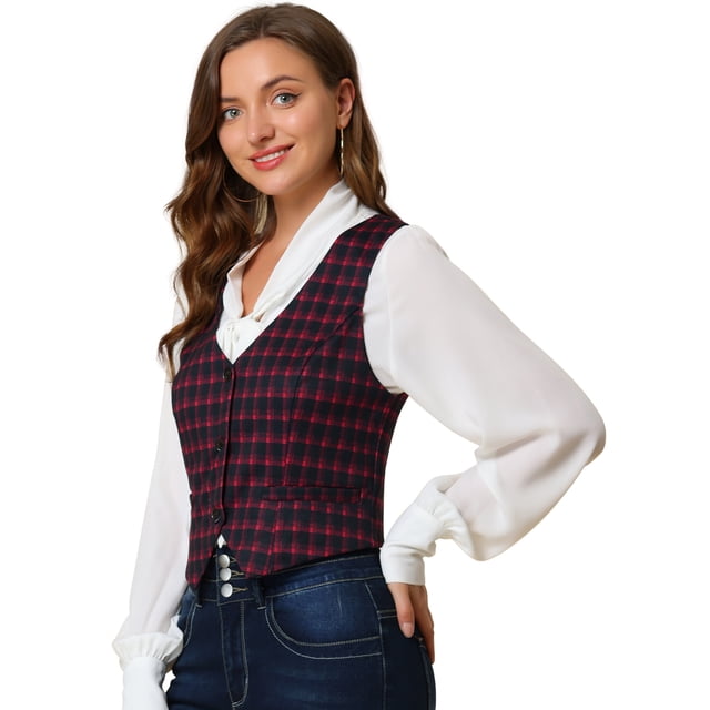 INSPIRE CHIC Veste Sans Manches à Carreaux Extensible Asymétrique pour Femme à Col en V, Taille Cintrée, à Boutons