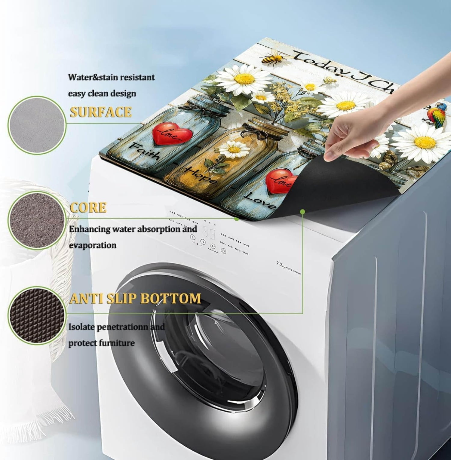 Flowers Washer Dryer Top Cover Mat Dust Cover Pad for Washer Dryer,Creative Anti-slip Washing Machine Top Protector Mat for Laundry Room (Laser Gilding, 23.6" x 19.7")