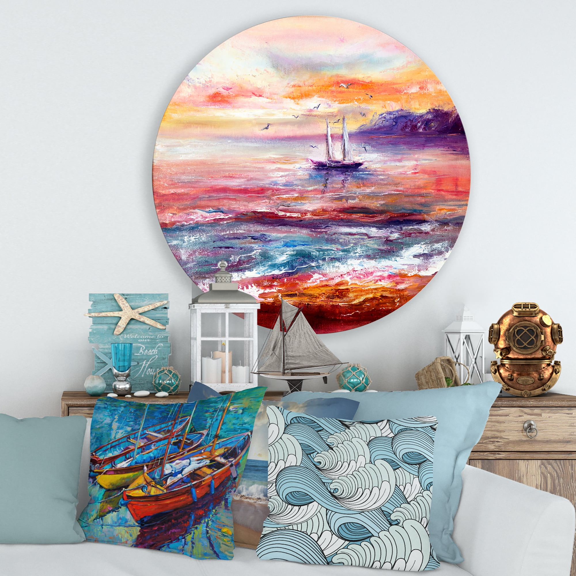 Designart 'Boat On The Ocean During VIbrant Sunset Glow' Nautical & Coastal Circle Metal Wall Art 36x36 - Disc of 36