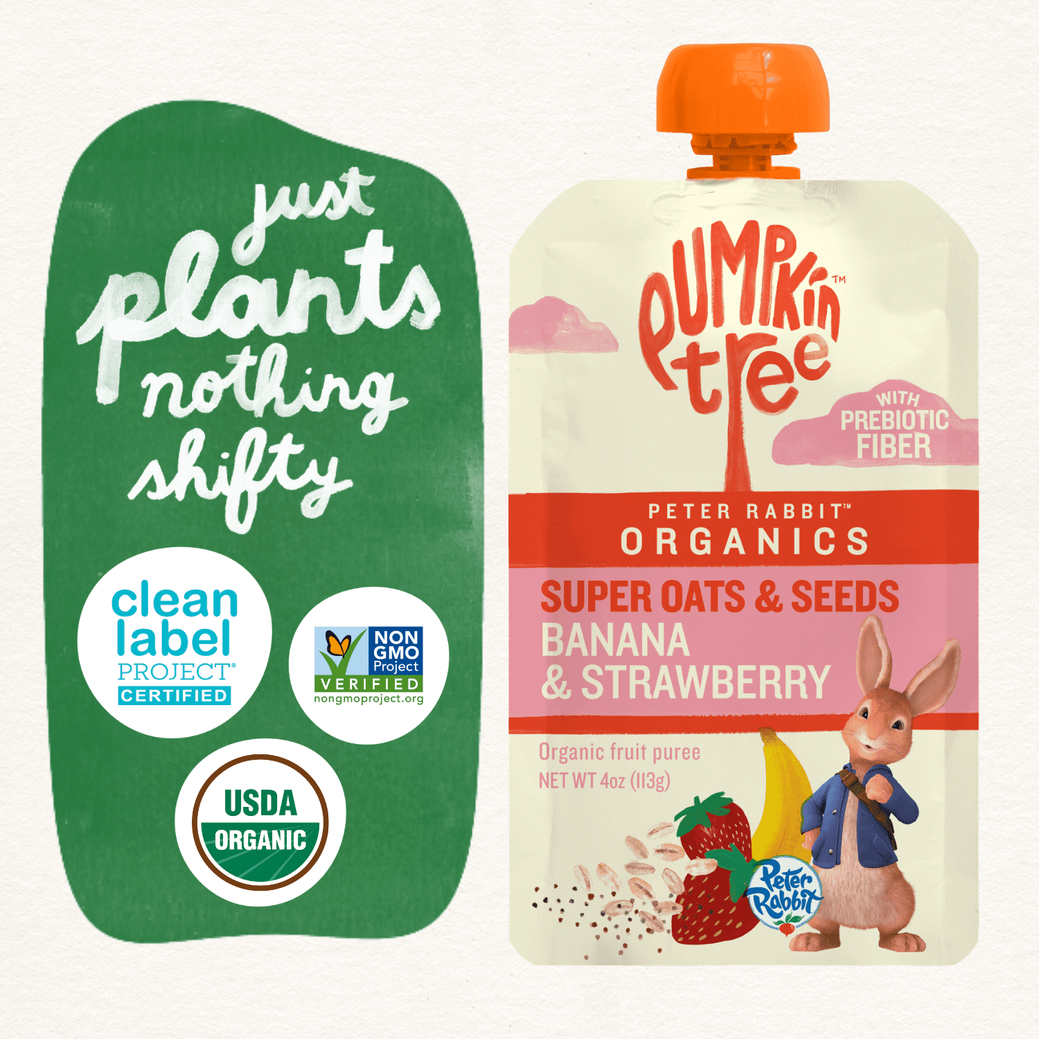Pumpkin Tree Organics Peter Rabbit Prebiotic Fiber, Oats and Seeds Banana Strawberry Fruit Snack, 4 Ounce Squeeze Pouch