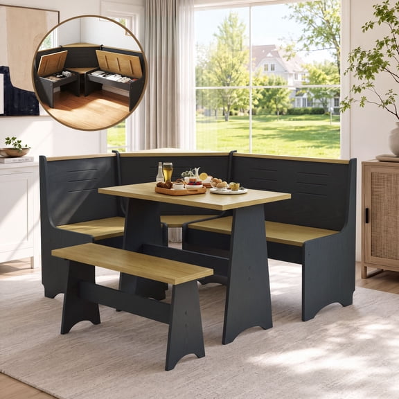 Breakfast Nook Kitchen Corner Dining Table Bench Chair Set, Space-Saving 3-4 Seat L-Shape Farmhouse Mid Century Modern Style for Family Home Black Wood