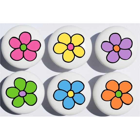 Daisy Pop Flower Drawer Pulls / Flower Ceramic Cabinet Knobs, Set of 6