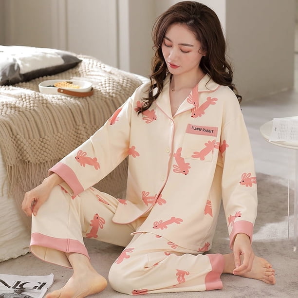 Pijama de primavera y otoño para mujer, cárdigan de manga larga de algodón, ropa exterior holgada informal, conjunto de ropa para el hogar de otoño e invierno