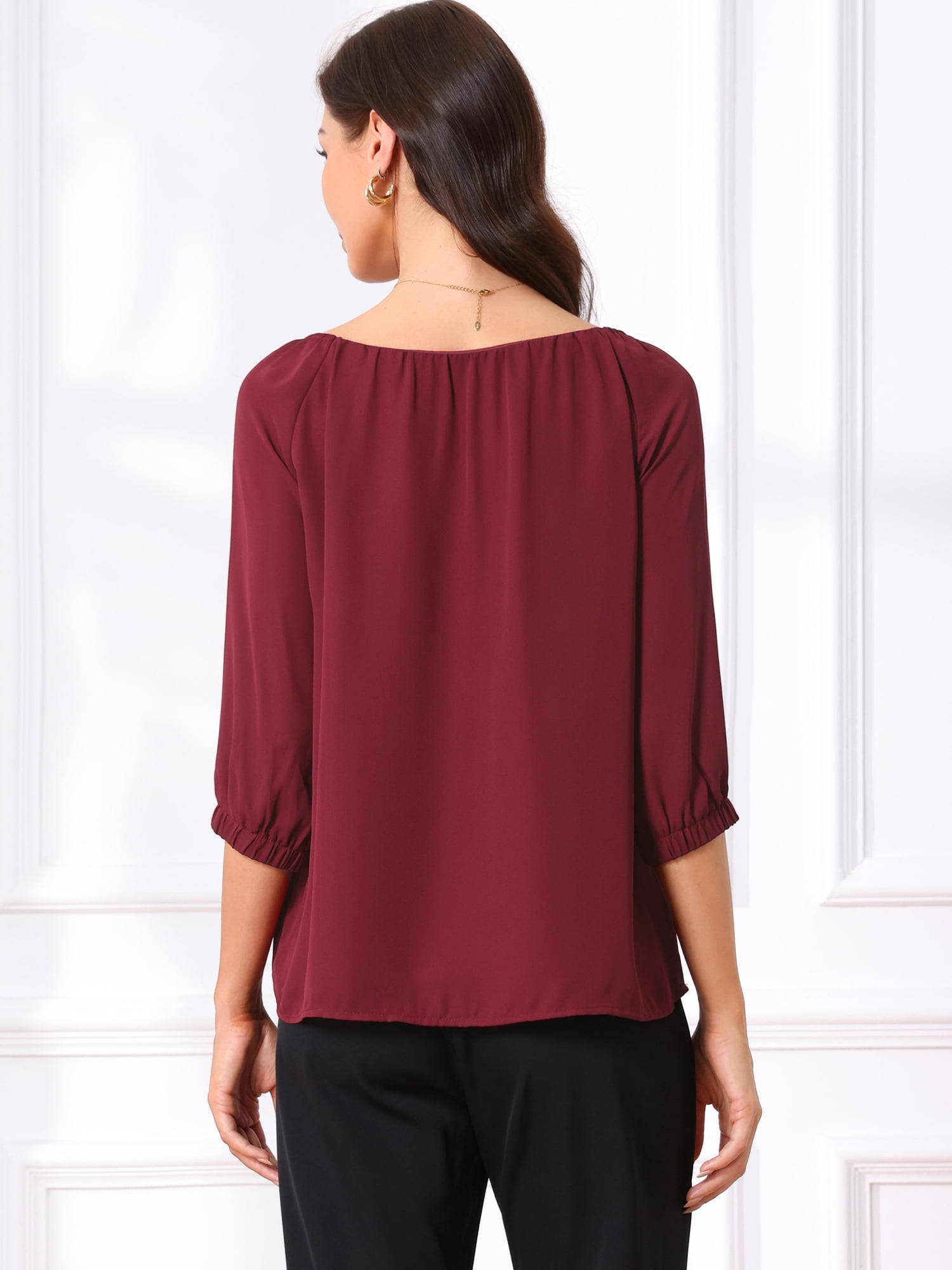 DARING DIVA Women's Office Half Sleeve Crew Neck Dressy Casual Tops S Wine Red