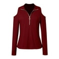 thumbnail image 4 of Arlun,Womens Half Zipper Cold Shoulder T Shirts 2025 Fall Fashion Plain Ribbed Stretchy Tight Sexy Tops Plus Size Women's Long Sleeve Soft Lightweight Tee Shirts Red L, 4 of 5