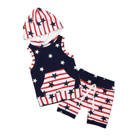 

Boy Clothes Outfit Set Toddler Boys Girls Independence Day 4Th Of July Sleeveless Striped Star Prints Hooded Vest Tops Shorts Outfits