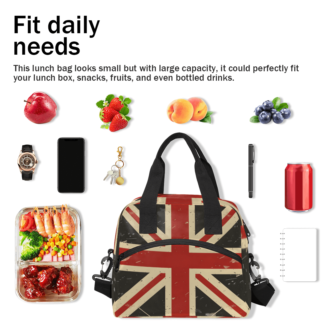 Herdesigns Union Jack Insulated Lunch Bag for Women Men Adults Large Reusable Lunch Box Retro United Kingdom Flag Leakproof Cooler Tote Bags with Adjustable Shoulder Strap