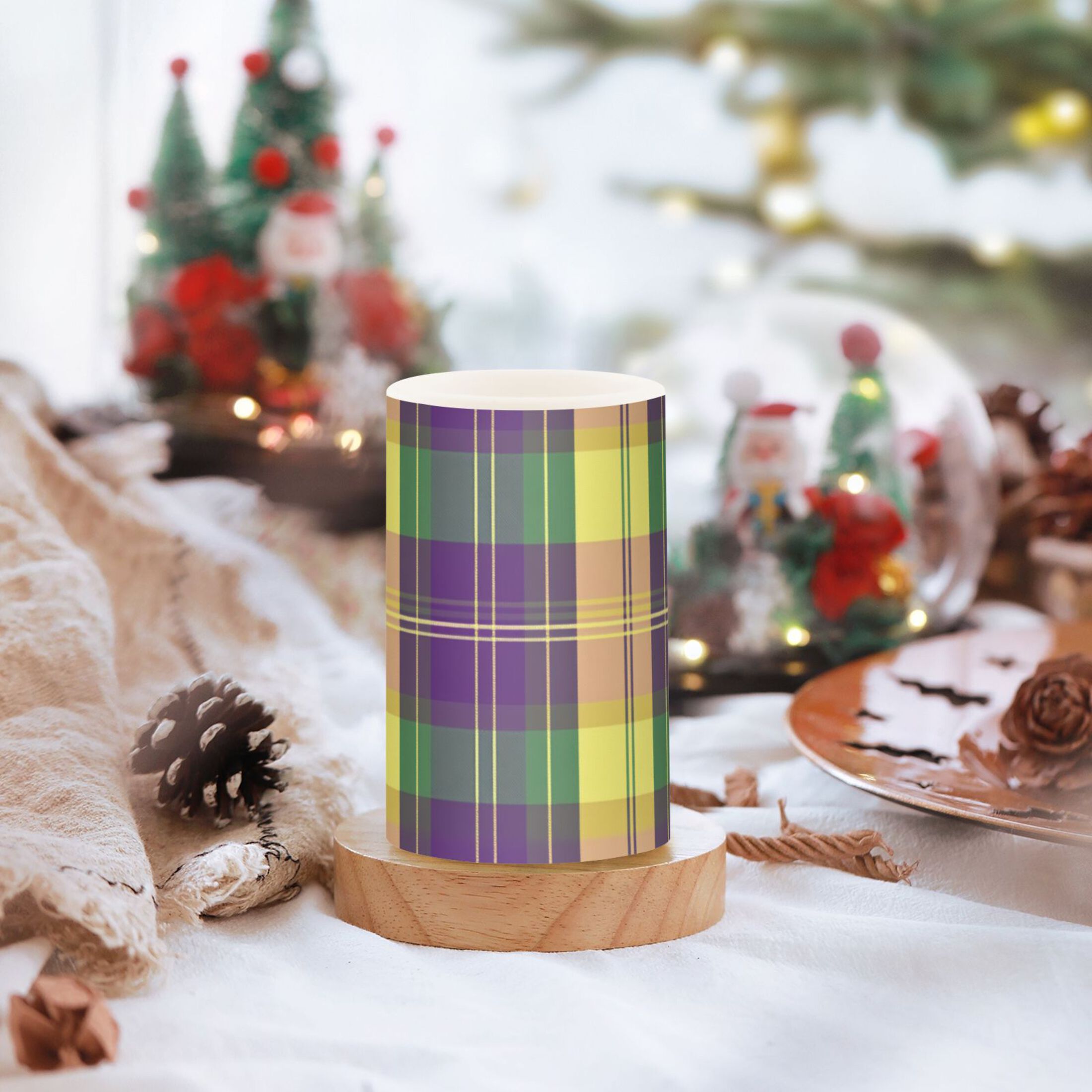 Mardi-gras Colored Plaid Flickering Flameless Candles LED Tealight Battery Operated with Remote Set of 2 Holiday Decor Ornaments