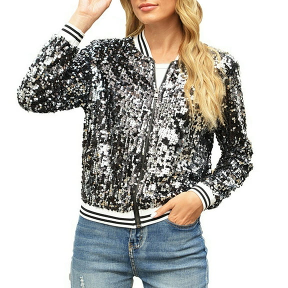 Yuanlong Womens Jackets Autumn Ladies Notch Collar Zipper Patchwork Sequin Long Sleeve Jacket Streetwear Shiny Outwear Tops