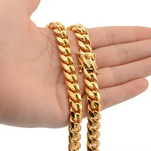 Mens Miami Cuban Link Bracelet Chain Necklace 18k Gold Plated Stainless Steel