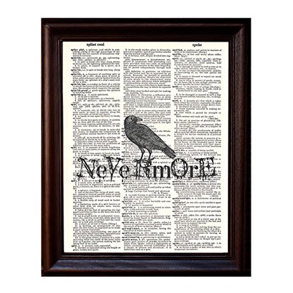 Fresh Prints of CT Dictionary Art Print - Edgar Allen Poe Nevermore - Printed on Recycled Vintage Dictionary Paper - 8"x11" - Mixed Media Poster on Vintage Dictionary Page