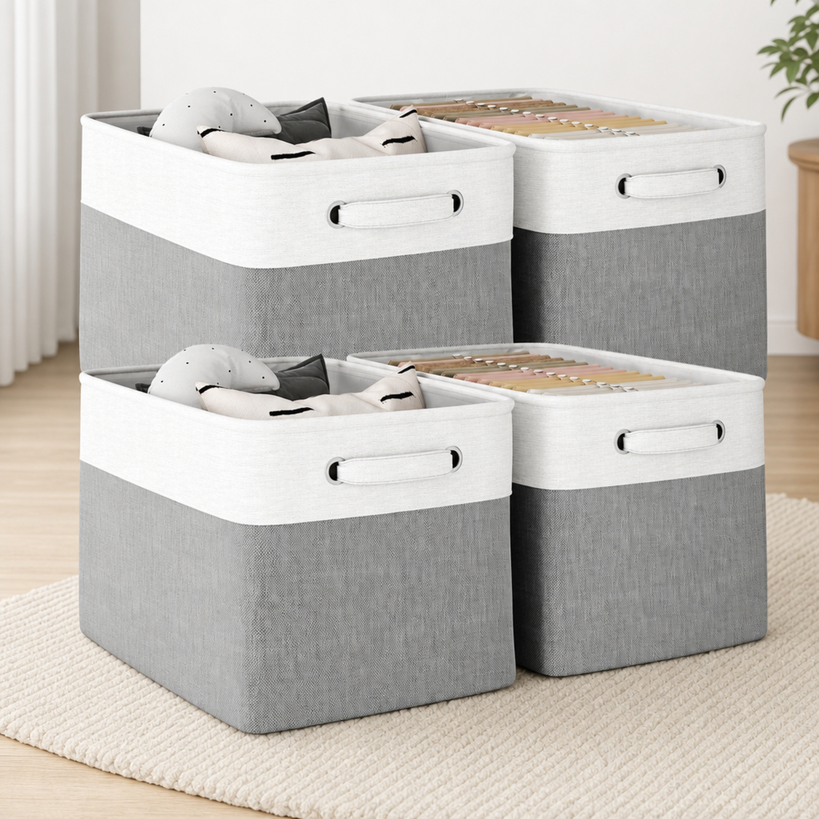 Fenbeli Fabric Storage Baskets Set of 4 Foldable Storage Bins with Handles for Shelf and Closet, Gray White