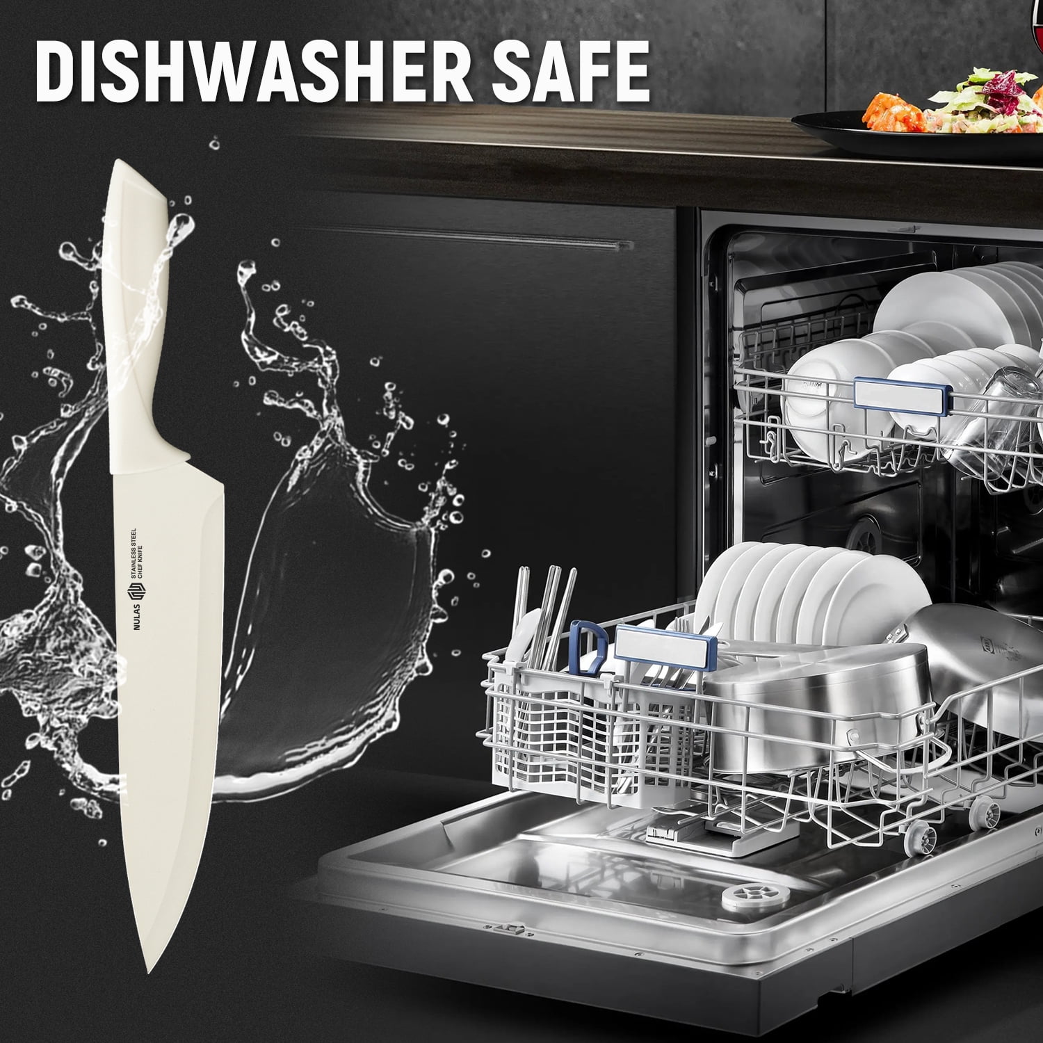 NULAS Knife Set, 14-Piece with Built-in Sharpener, Non-Stick Coated High Carbon Stainless Steel Knife Block Set, Dishwasher Safe, Cream