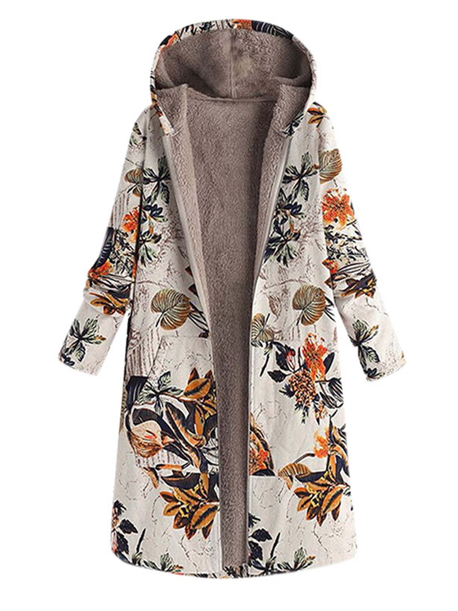 Women's Plus Size Floral Cardigan Hooded Warm Fleece Outerwear Zipper ...