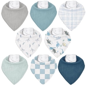 Gllquen Baby Muslin Bandana Bibs 8 Pack, Blue Dinosaur