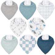 Gllquen Baby Muslin Baby Bibs 8 Pack Baby Bandana Drool Bibs 100% Cotton for Unisex Boys and Girls, Blue Dinosaur