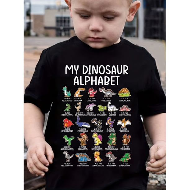 Gourd Doll Boys' 100% Cotton T-Shirt - Casual Crew Neck, Short Sleeve, Slight Stretch, Dinosaur Alphabet Print Top for Youngsters, Summer Tee|Dinosaur Graphic Tee|Glossy Fabric