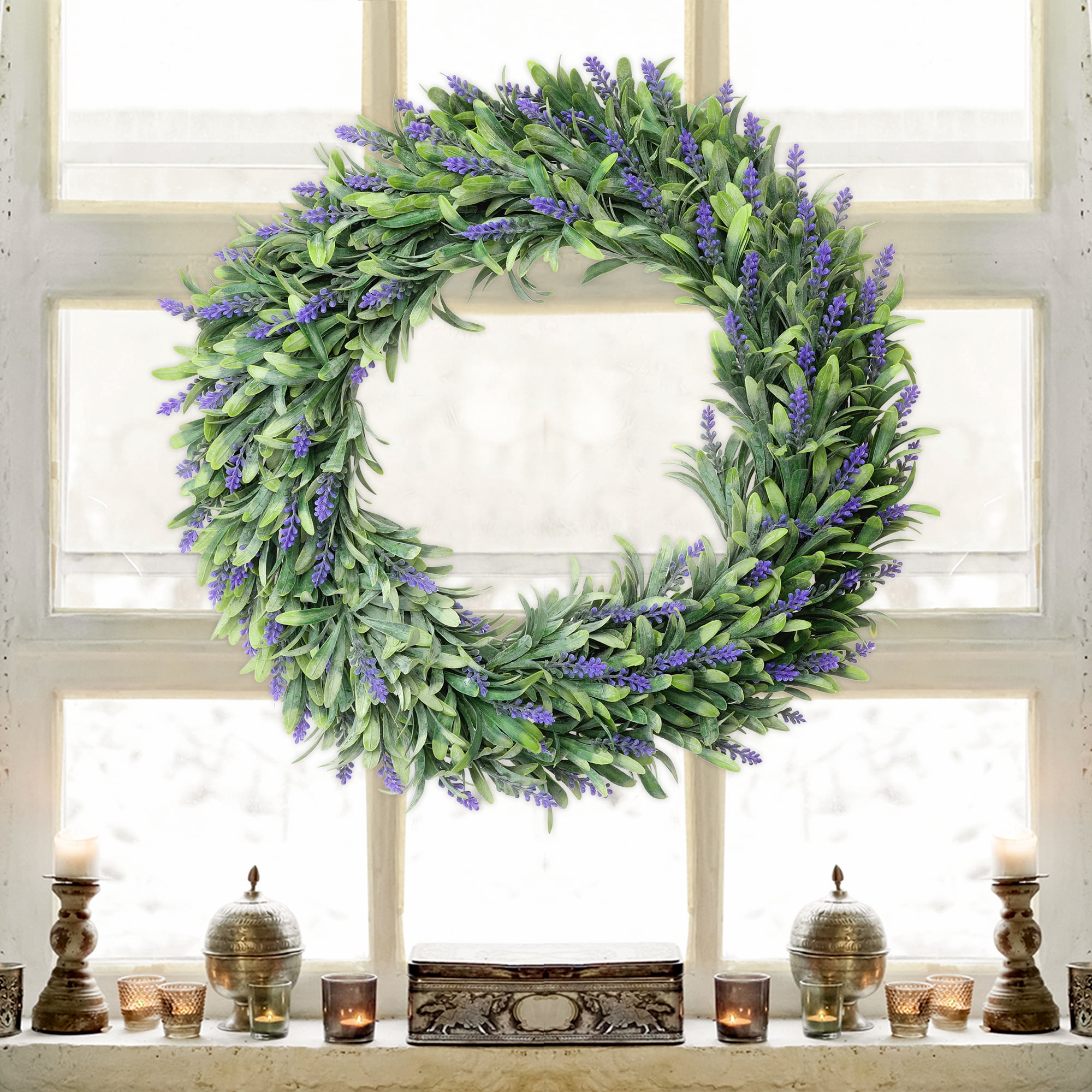 Unique Bargains Lavender Wreath for Front Door Plastic Green Leaves Artificial Wreaths