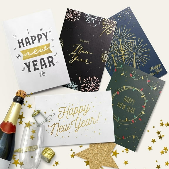 Dessie Boxed Happy New Year Cards – 30 Large 5x7 Cards with Gold Foil, 32 Envelopes & Box