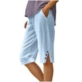 thumbnail image 2 of Womens Bermuda Shorts Knee Length Dressy Causal Elastic Waist Buttons Linen Shorts with Pockets Summer Beach Outfits Blue L, 2 of 7
