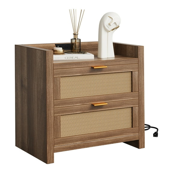 Night Stand Set of 2,Rattan End Tables,Nightstands Set of 2 with Drawer,Bedside Tables with Charging Station,Boho Bed Side Tables