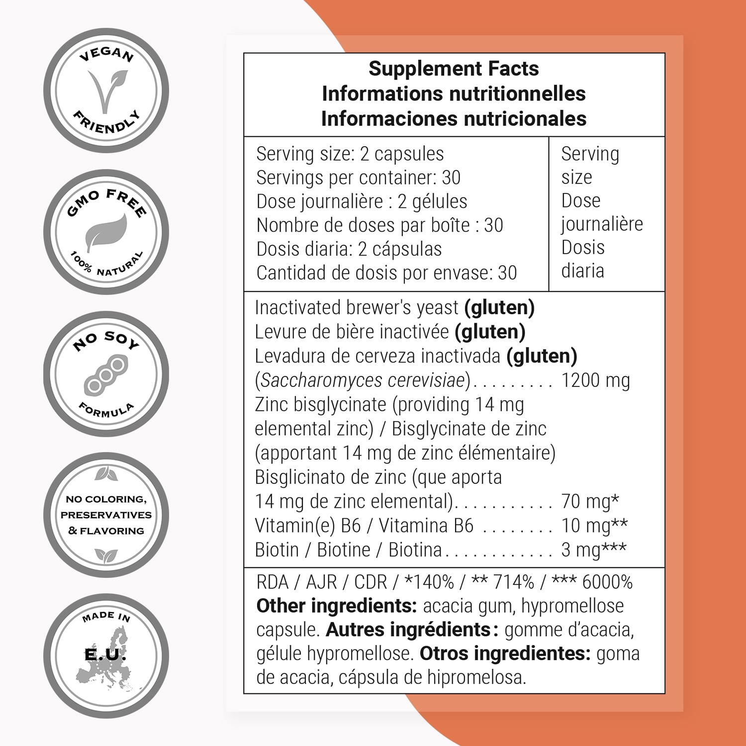 SuperSmart Brewer's Yeast Hair Boost (Advanced Formula) - with Saccharomyces Cerevisiae, Zinc, Biotin - Hair Supplement | Non-GMO - 60 Vegetarian Capsules