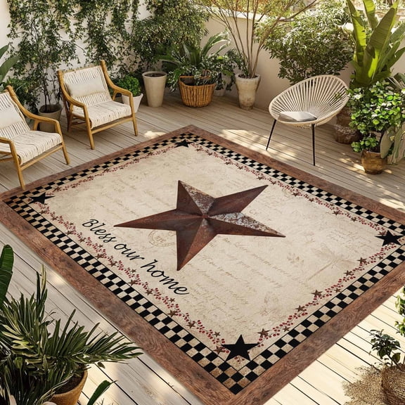 Western Star Brown Outdoor Rug for Patio/Deck/Porch, Non-Slip Large Area Rug 5 x 7 Ft, Texas Stars Retro Farmhouse Buffalo Plaid Indoor Outdoor Rugs Washable Area Rugs, Camping Rug Carpet Runner