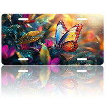 1 Pcs 2D Flat License Plate Covers & Frames, Butterfly on Flowers For Decorative Front, Waterproof For Decoration Aluminum License Plate Covers & Frames Cover For Men Women, 12" X 6"