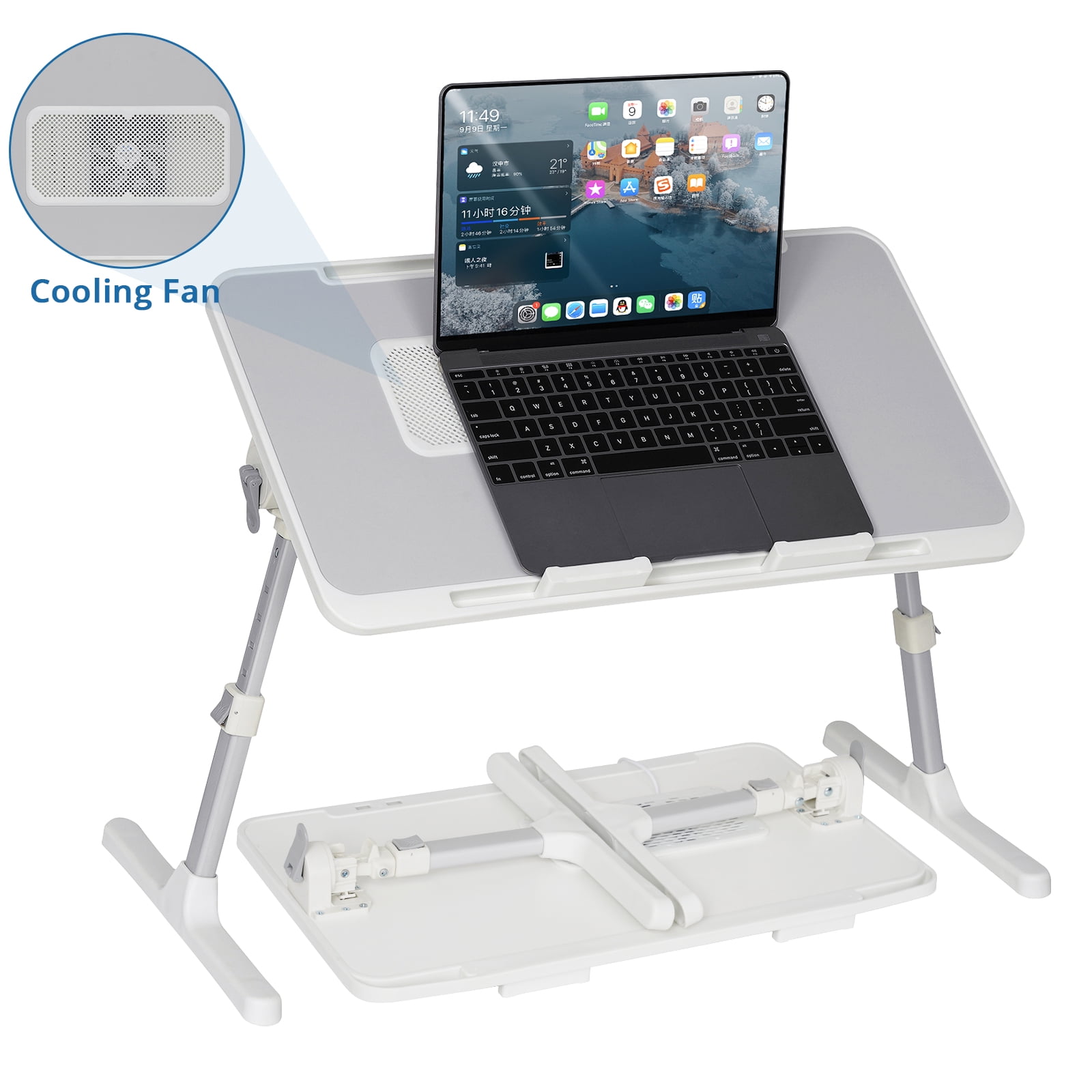 Laptop Desk with Cooling Fan, HONEIER Height & Angle Adjustable Lap Desk for Bed Foldable Laptop Bed Table with Tablet Slot Phone Slot 2 Removable Stopper for Writing Working Reading Eating, Grey