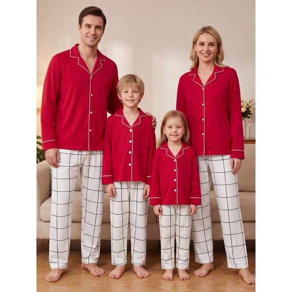 Family Matching Pajamas Set Solid Long Sleeve Lapel Button Down Tops Plaid Pants Holiday Pajamas