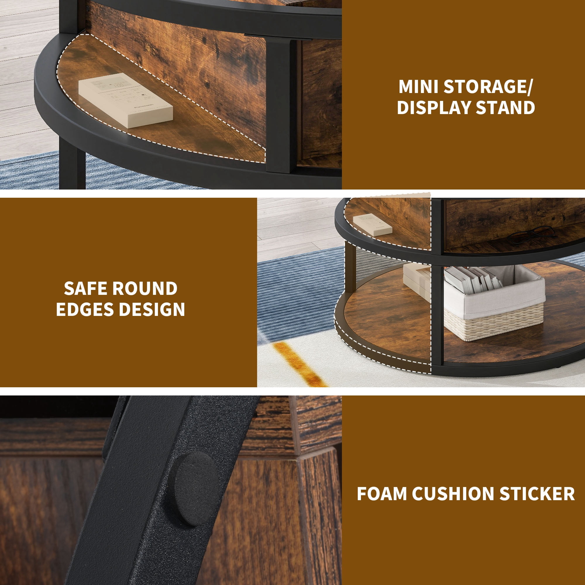 Uforic 3-Tier Round Coffee Table with Lift Top and Hidden Storage for Living Room, Brown