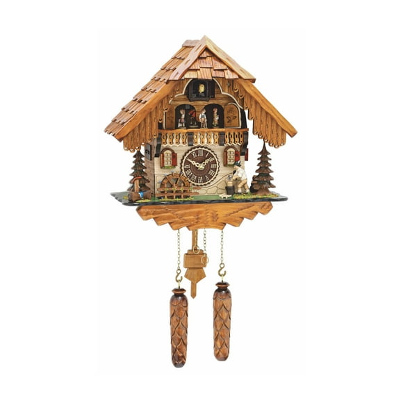 Quartz Cuckoo Clock Black Forest house with moving wood chopper and mill wheel, with music TU 498 QMT HZZG